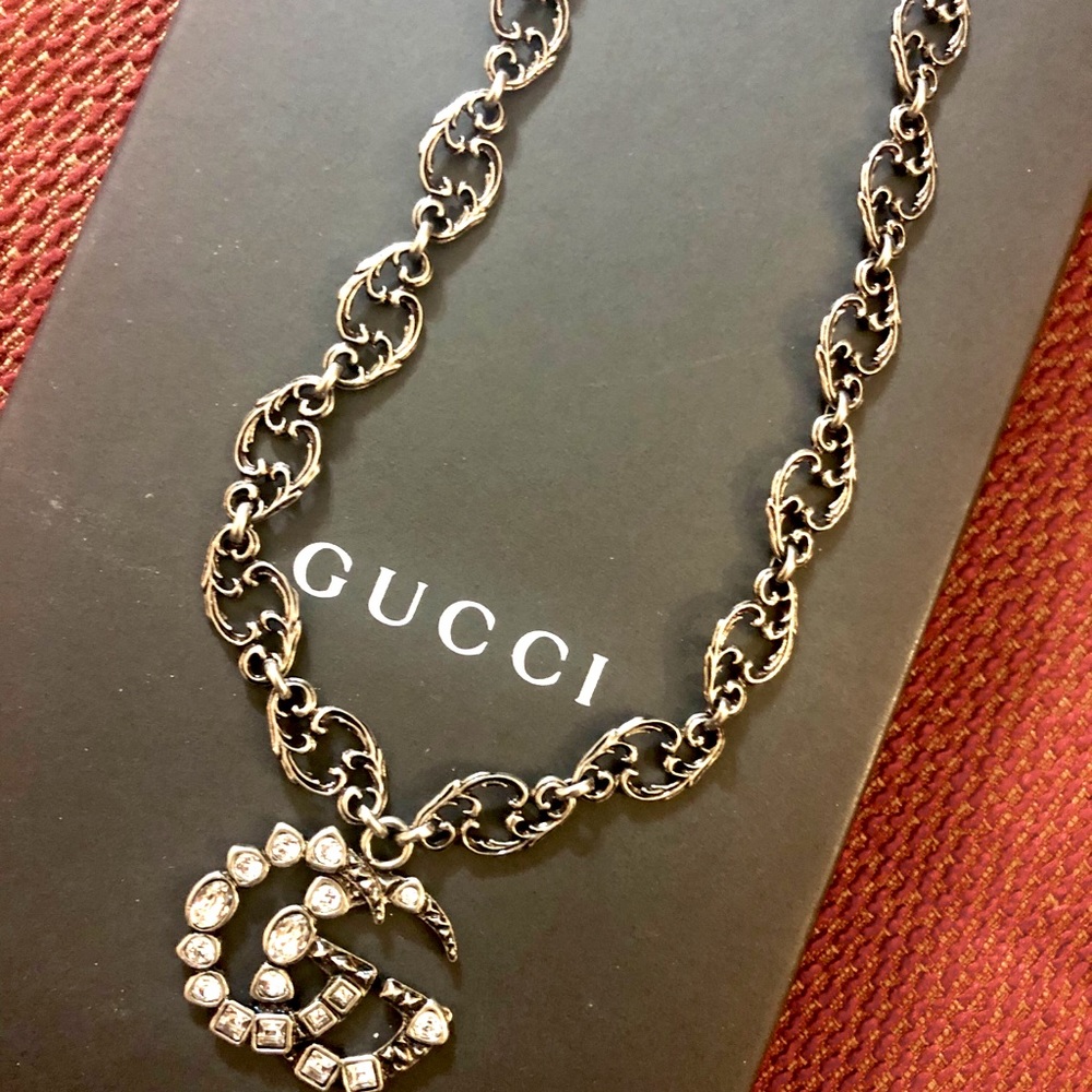 NWT/AUTH~GUCCI~Crystal GG Silver Adjust. Necklace